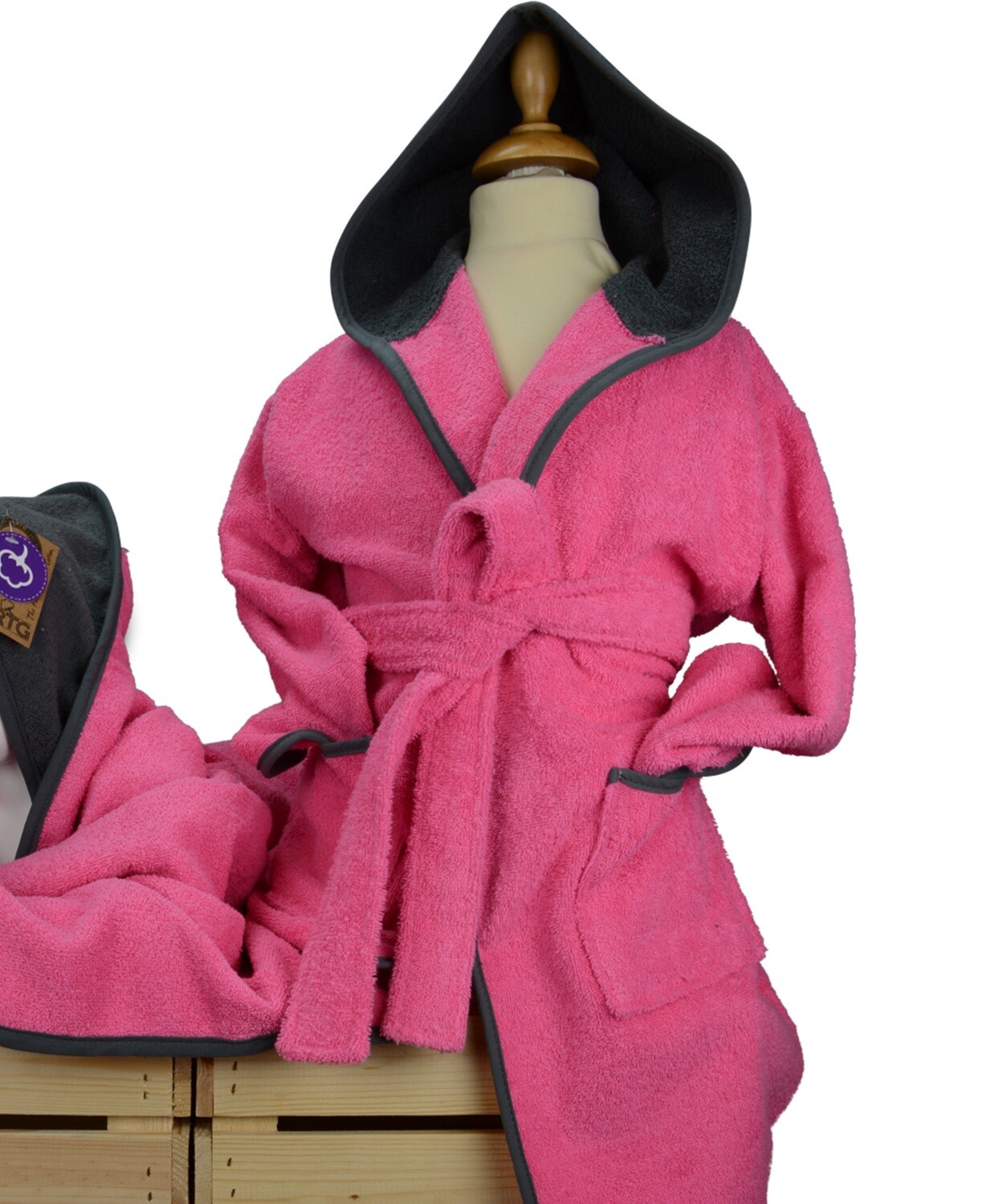 AR021 Boyzz &amp; Girlzz Kid&#39;s Hooded Bathrobe - Pink/Graphite