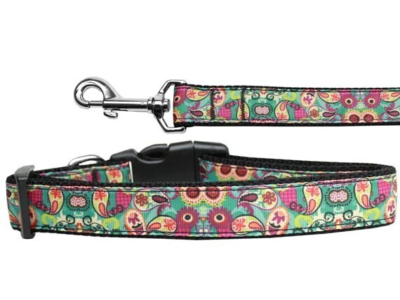 Dog &amp; Cat Nylon Collar and Leash, &quot;Turquoise Paisley&quot;