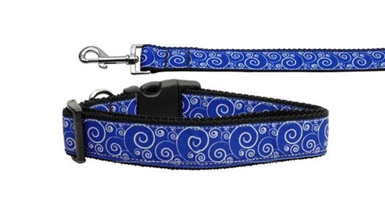 Dog &amp; Cat Nylon Collar and Leash, &quot;Blue and White Swirly&quot;
