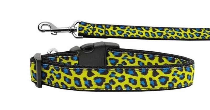 Dog &amp; Cat Nylon Collar and Leash, &quot;Blue and Yellow Leopard&quot;