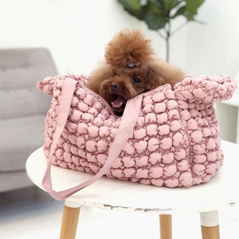 Pink Designer Pet Carrier Bag with a cute apricot color poodle popping its head out of the bag.