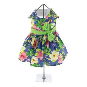 Dog Dress with Matching Leash - Blue Lagoon Hawaiian Hibiscus