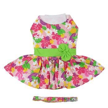Dog Dress with Matching Leash - Pink Hawaiian Floral