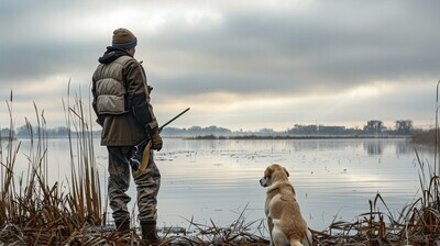 Hunter with his hunting dog looking out at a lake.