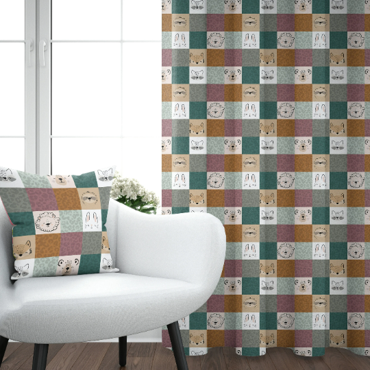 Blackout curtain checkered forest animals
