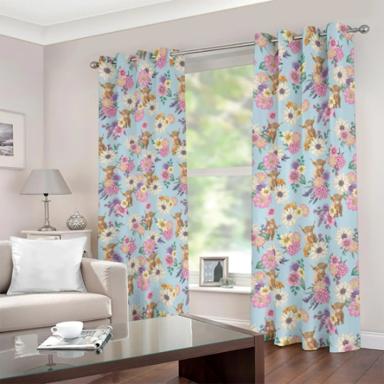 2 pieces blackout curtains with flowers and highland cow