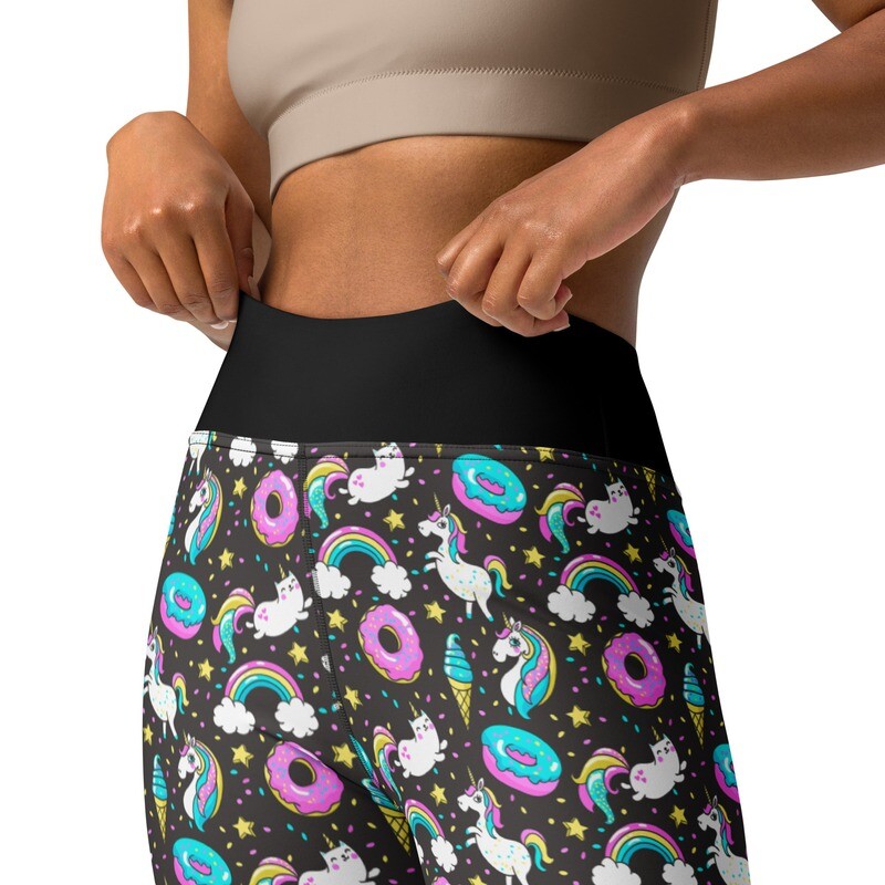 Black cartoon unicorn high-waist leggings