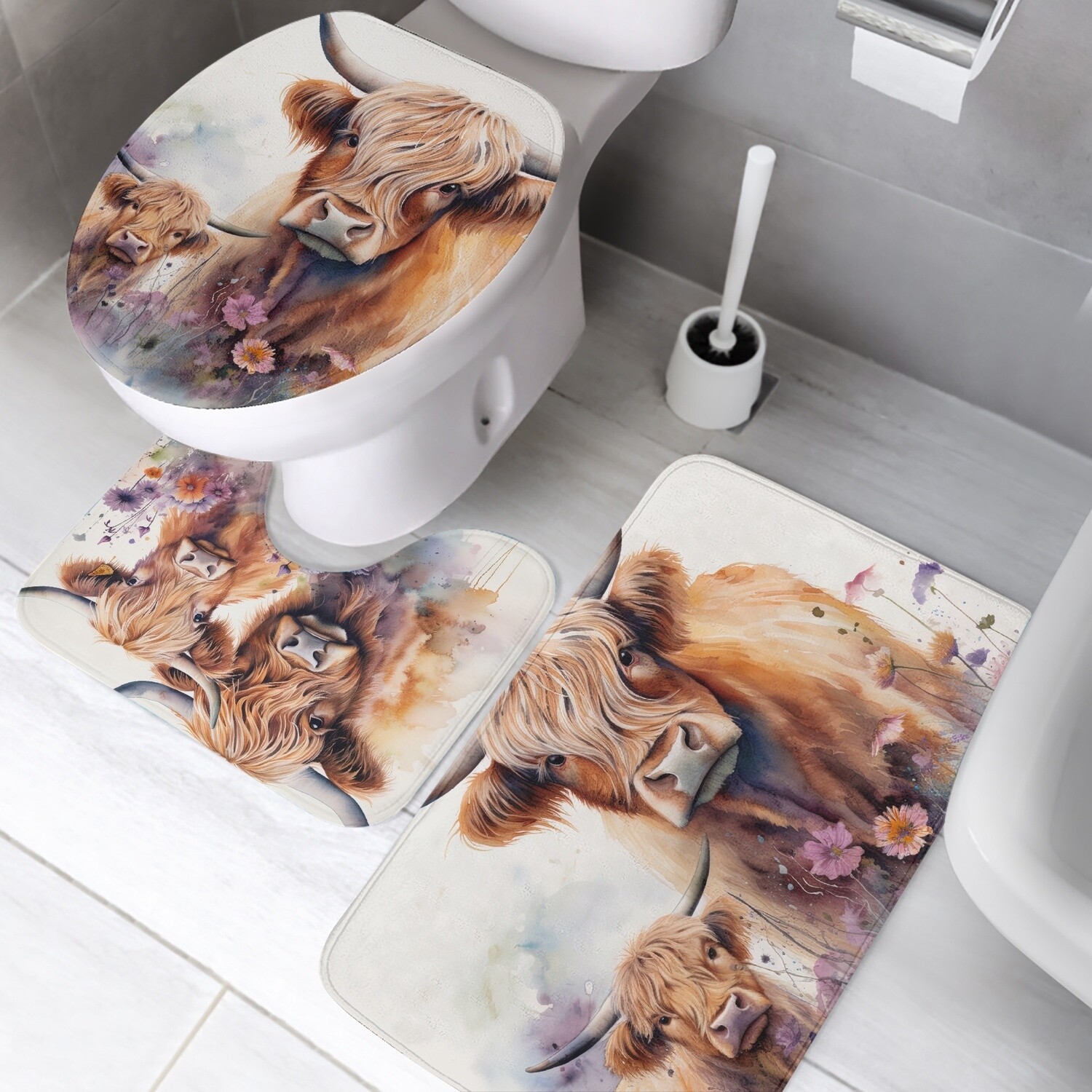 3-piece bath mat set highland cattle