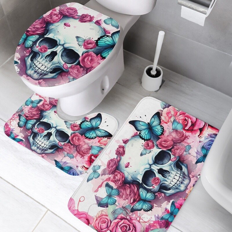 3 piece bath mat set skull and butterfly