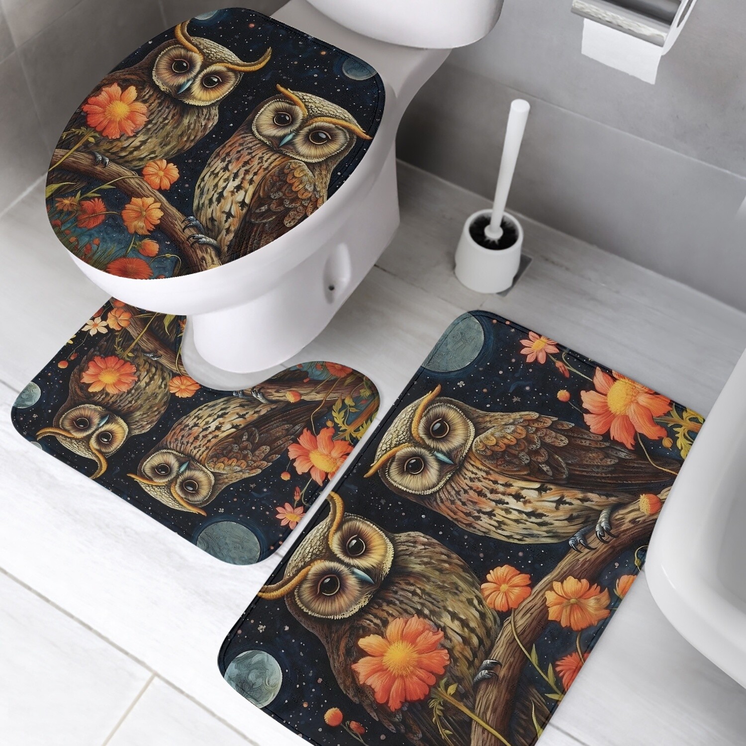 3 piece forestcore owls bath mat set