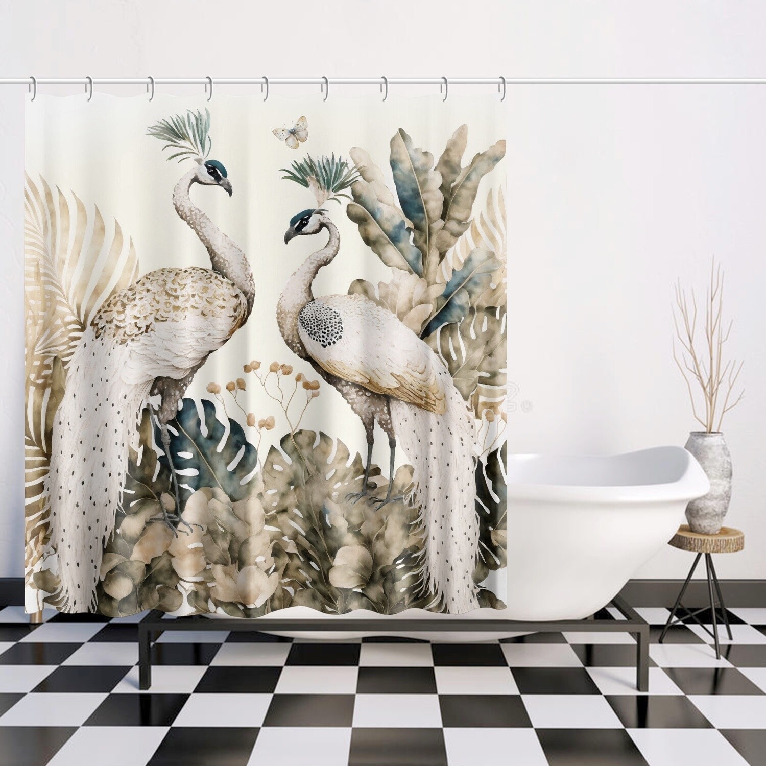 Elegant White Peacock Shower Curtain