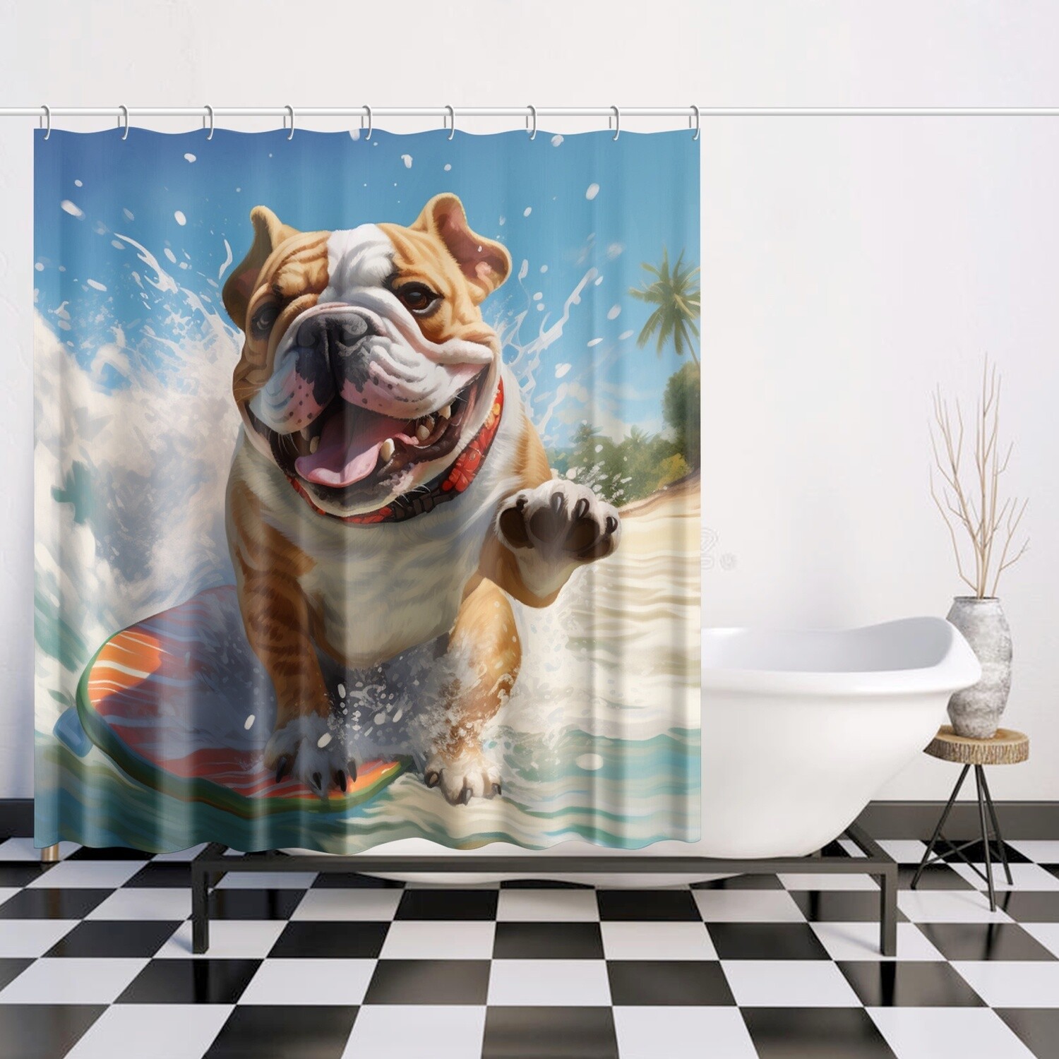 English Bulldog Riding Waves Shower Curtain