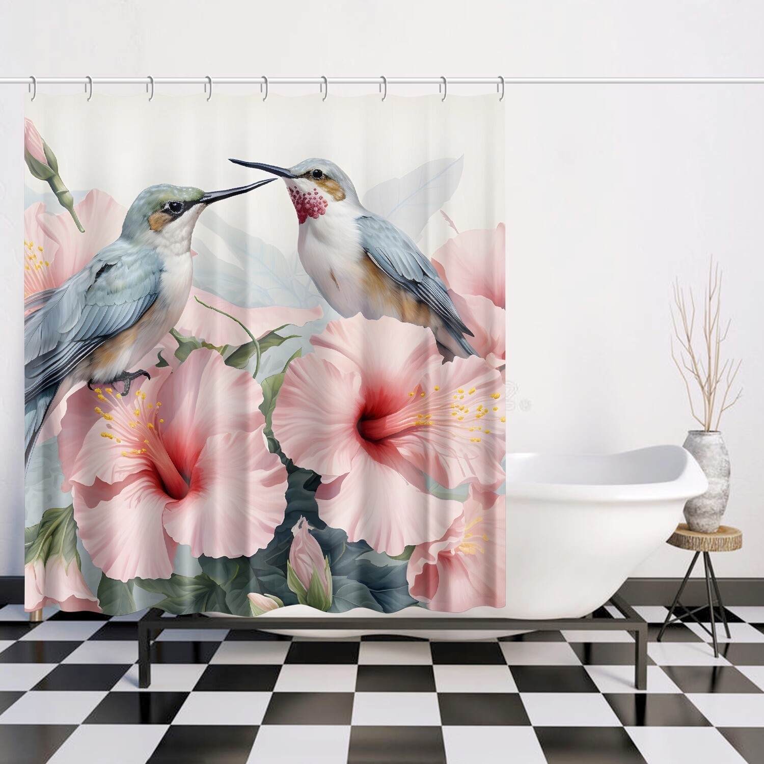 Pastel colored hummingbird bird shower curtain