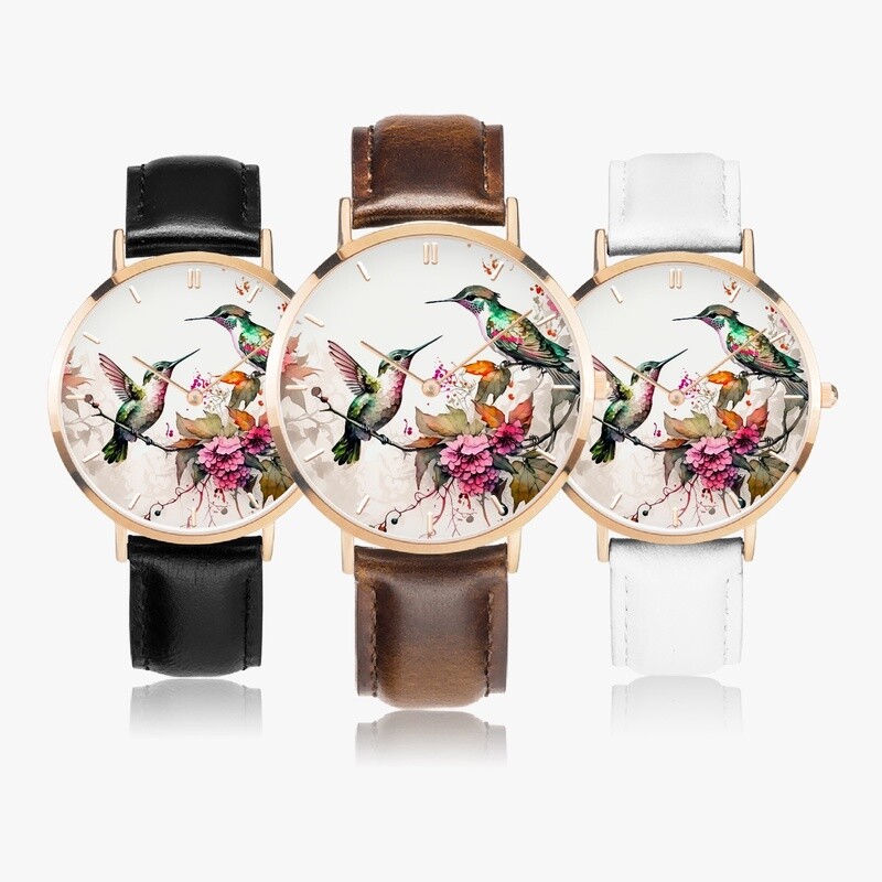 Hummingbird leather wristwatch rose gold