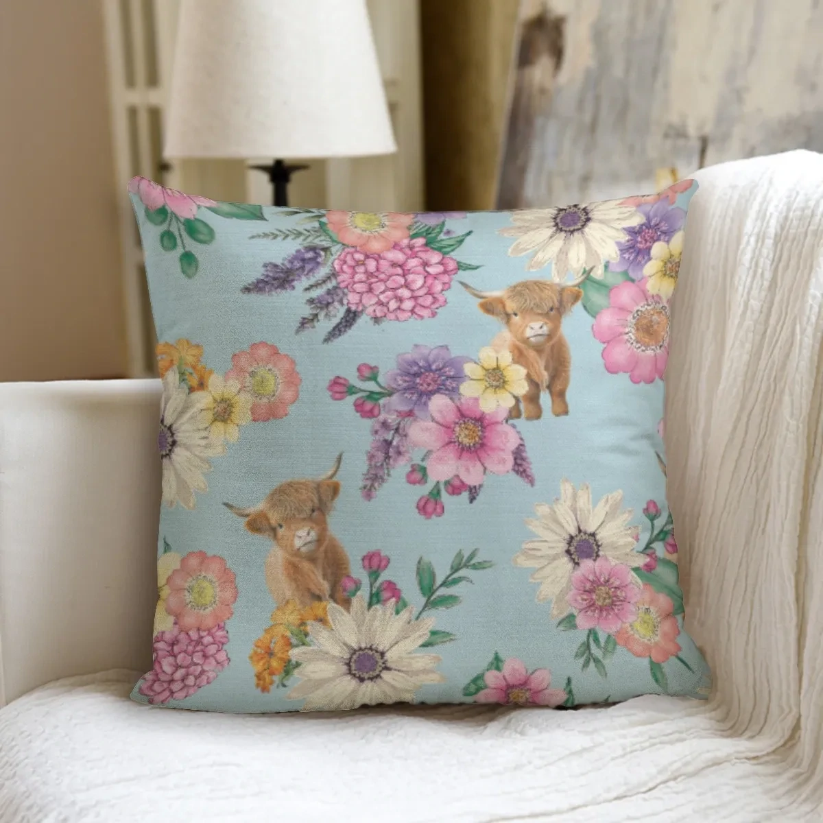 Flowers &amp; Highland Cow Cushion