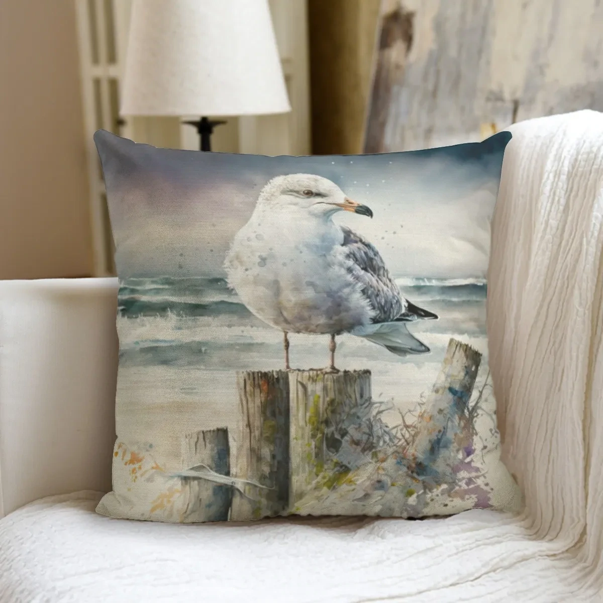 Seagull on the beach pillow