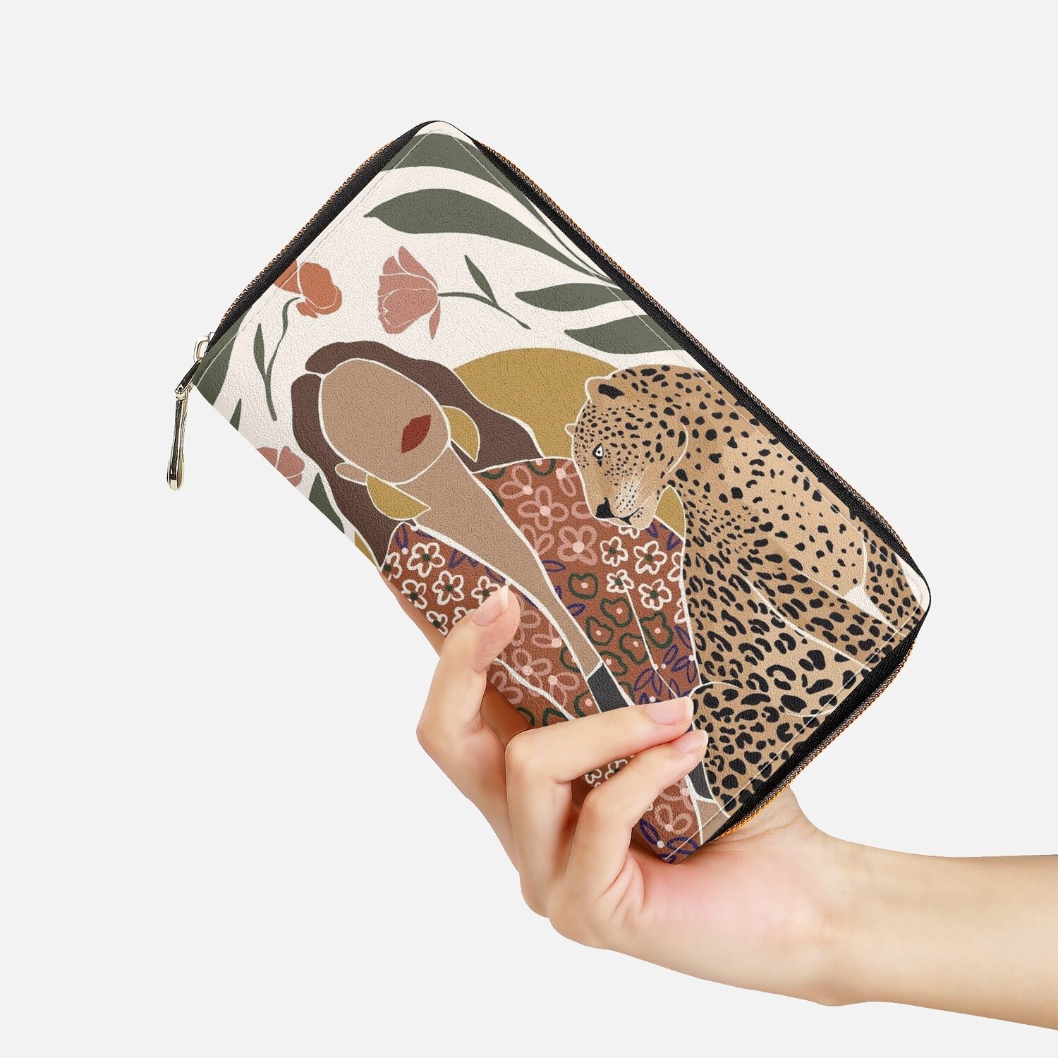 Long Zipper Abstract Woman with Leopard Purse