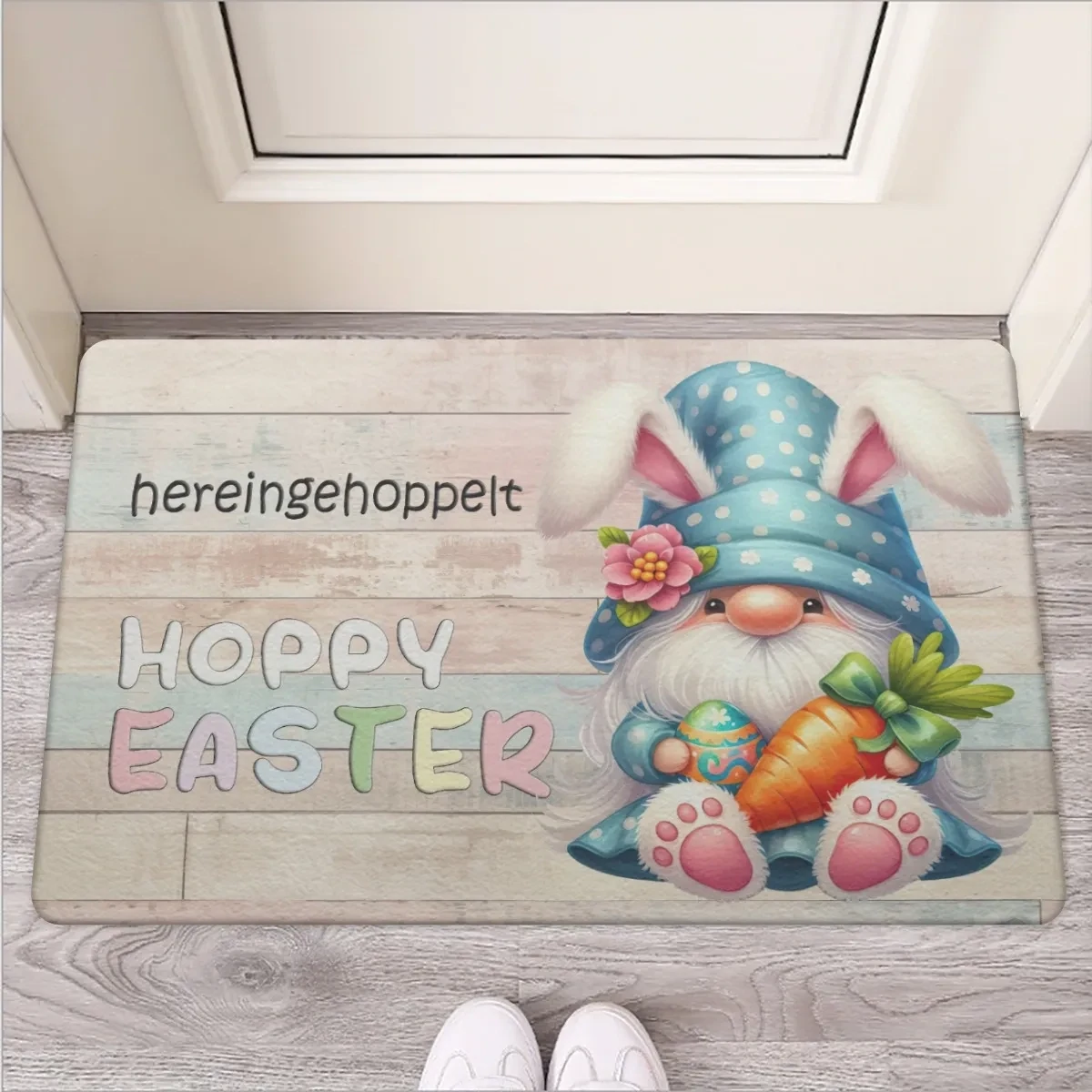 “Hopped in” Easter gnome doormat