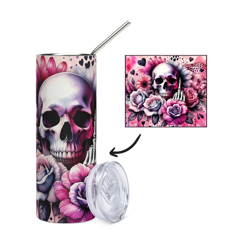 Middle Finger Skull &amp; Flowers Pink Stainless Steel Cup - Tumbler