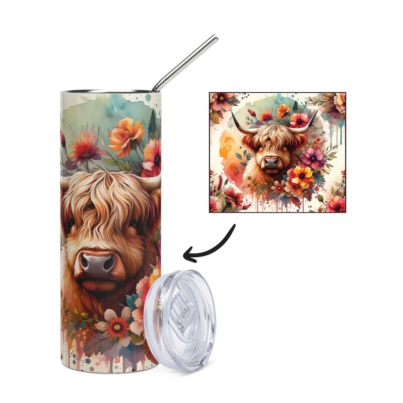 Watercolor Art Scottish Highland Cow Stainless Steel Mug - Tumbler