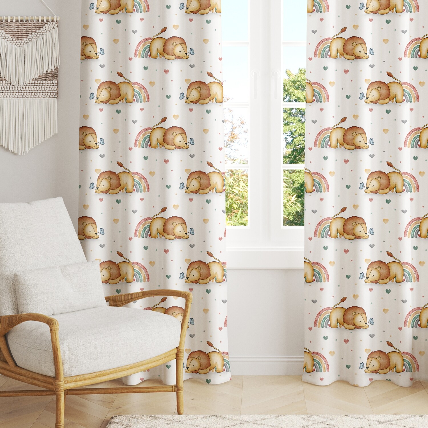 Blackout curtain with lions and rainbows