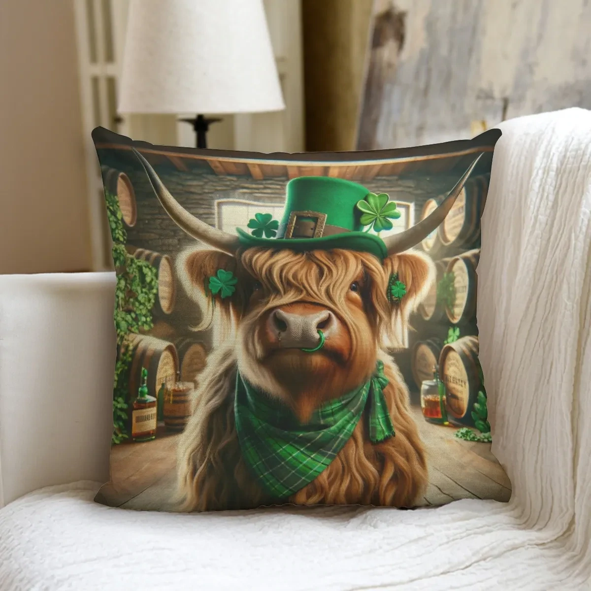 Saint Patrick&#39;s Day Highland Cow Cushion
