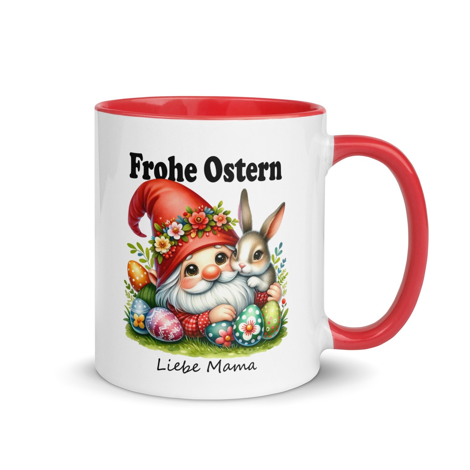 Farbige Keramik Tasse Wichtel mit Hase &quot;Frohe Ostern - Liebe Mama&quot;