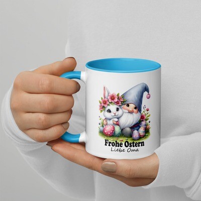 Farbige Keramik Tasse Wichtel mit Hase "Frohe Ostern - Liebe Oma"