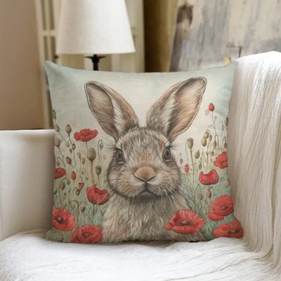 “Farmhouse” Rabbit &amp; Poppies Pillow
