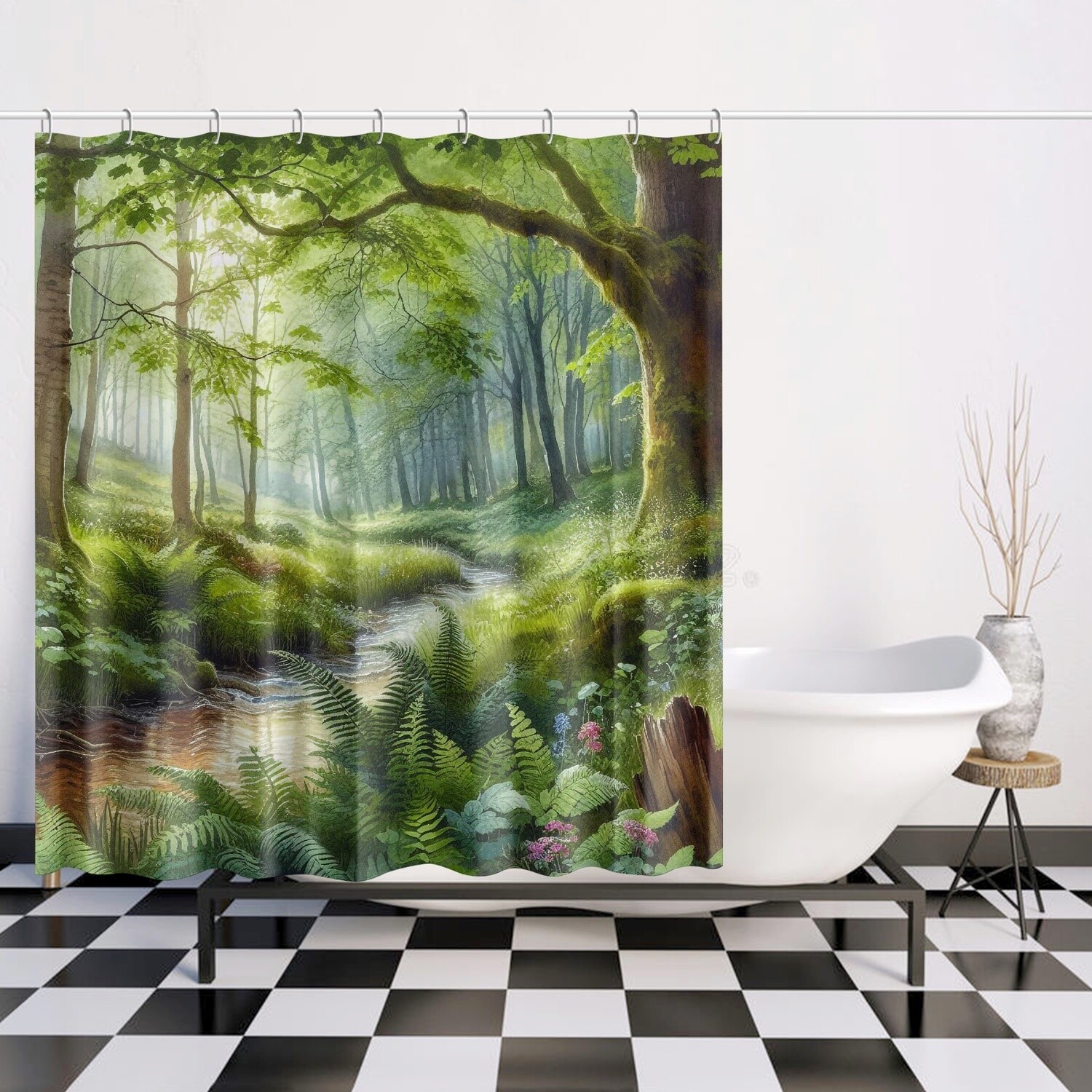 Forest motif shower curtain