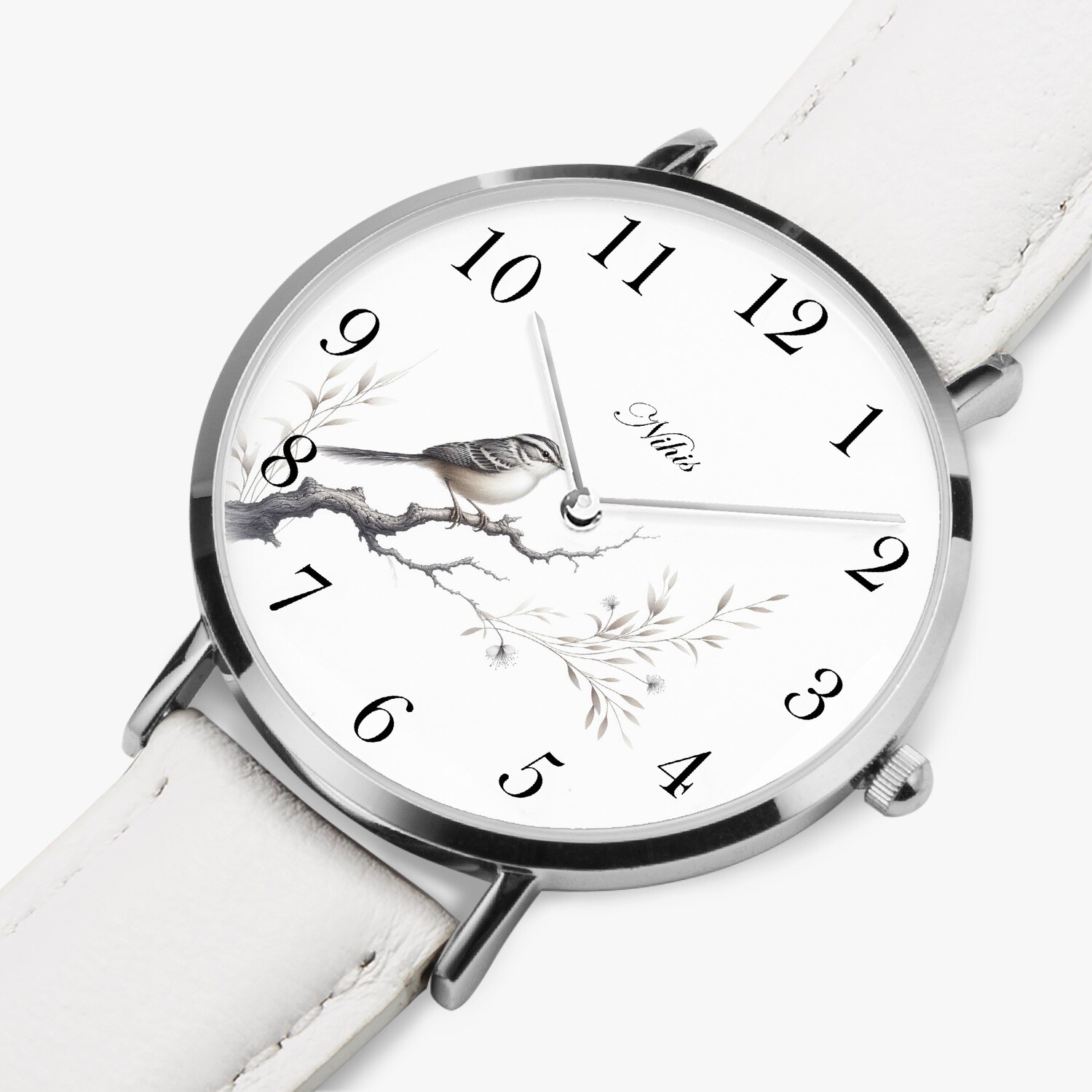 Bird leather wristwatch silver