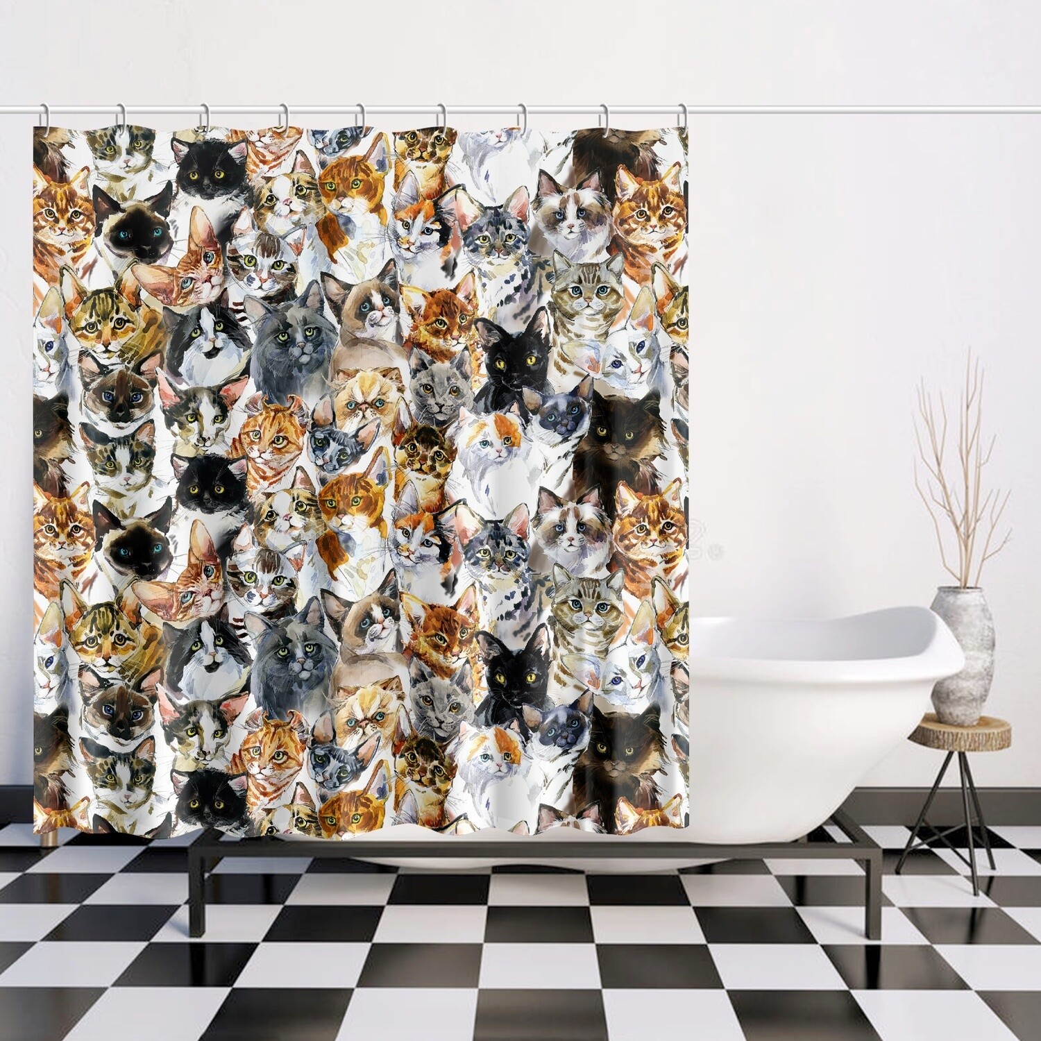 Watercolor cat pattern shower curtain