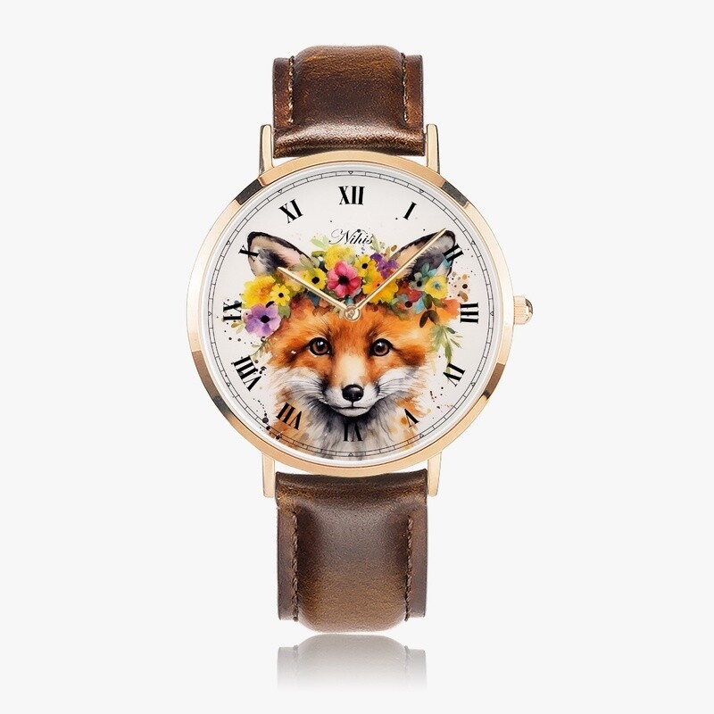 Fox with flower crown leather wristwatch rose gold