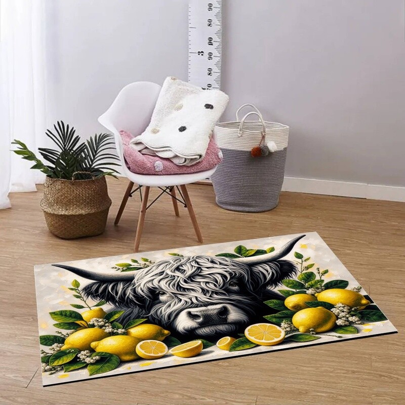 Leather floor mat Highland cow - lemon