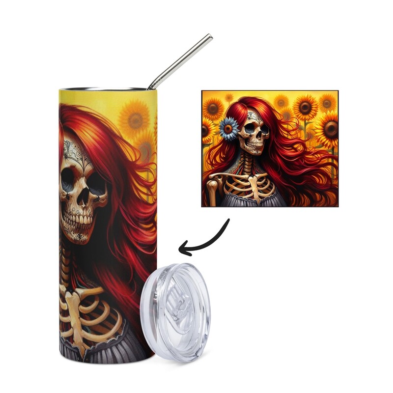 Skeletvrouw en zonnebloemen roestvrijstalen mok - tuimelaar
