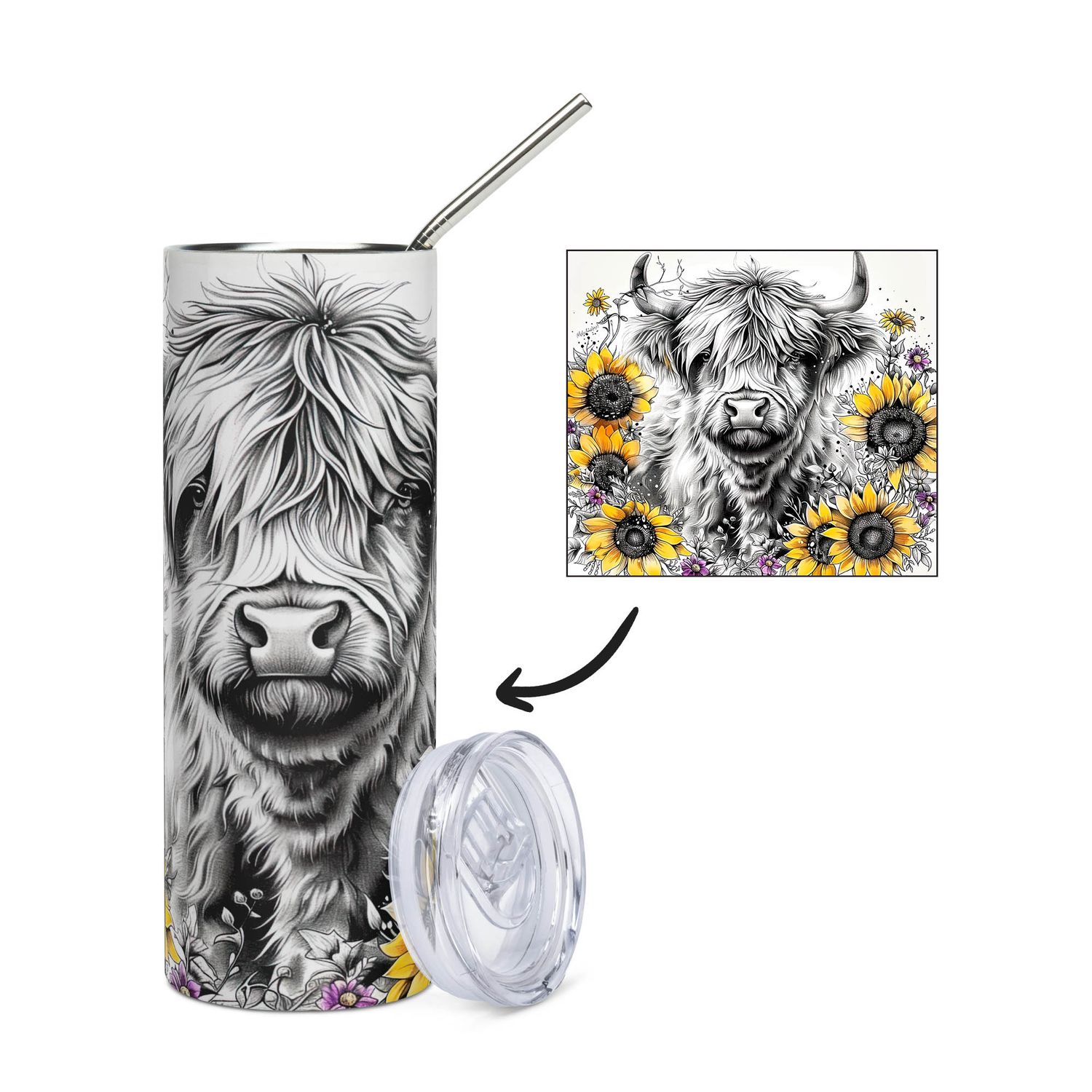 Highland Cow &amp; Sunflowers Stainless Steel Mug - Tumbler