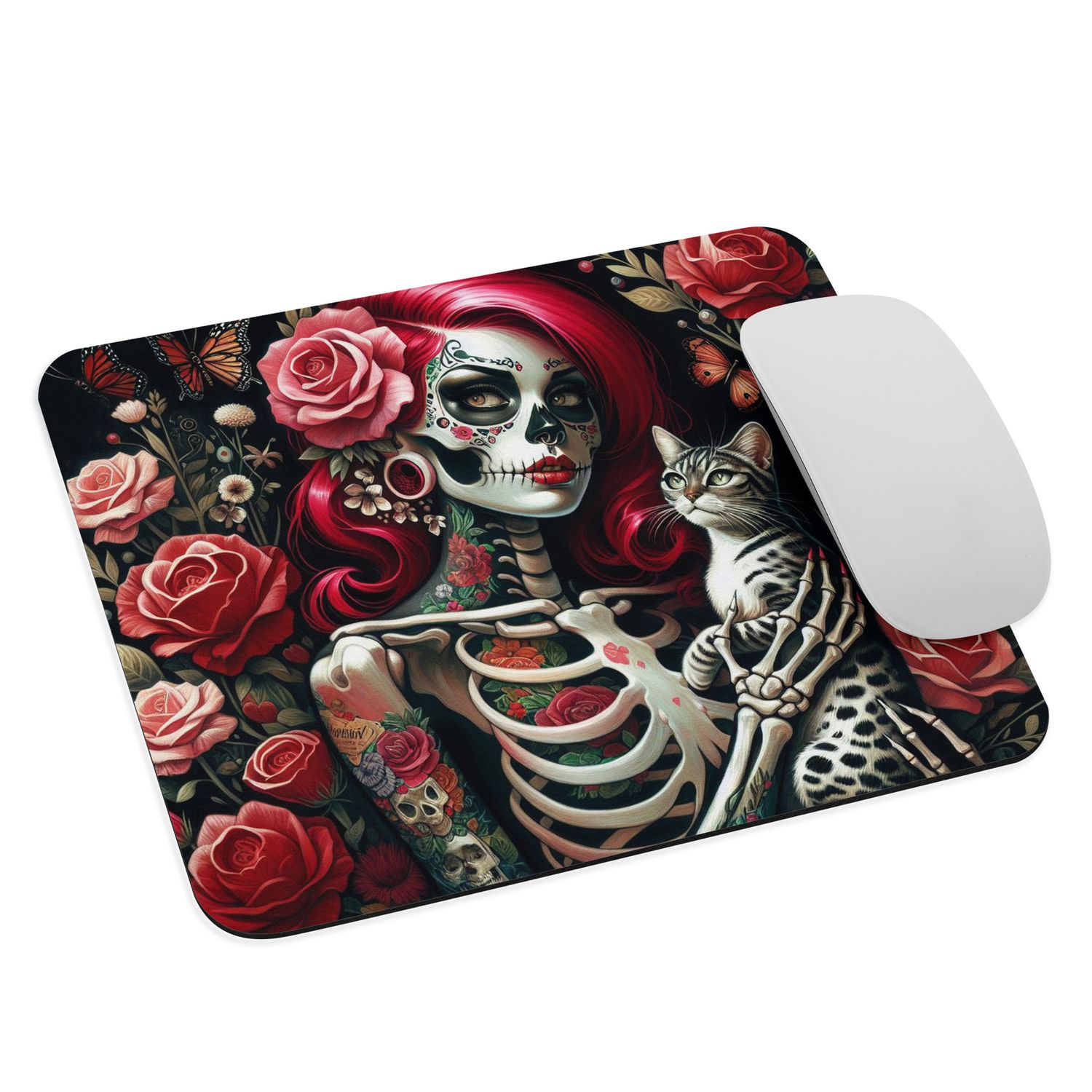 Skeleton woman with cat mouse pad