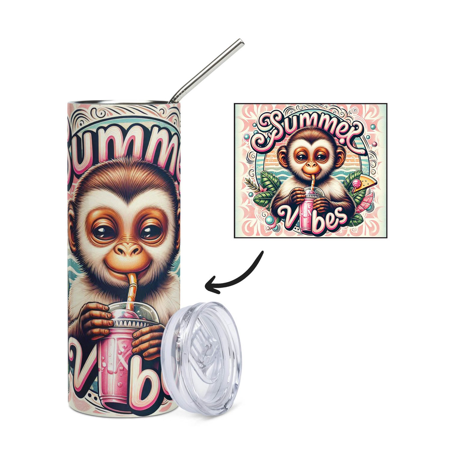 &quot;SUMMER VIBES&quot; monkey stainless steel cup - tumbler
