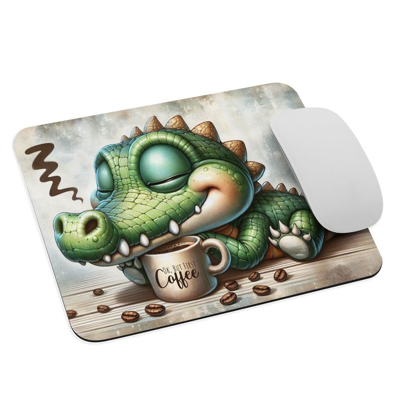 &quot;OK, BUT FIRST COFFEE&quot; crocodile mouse pad