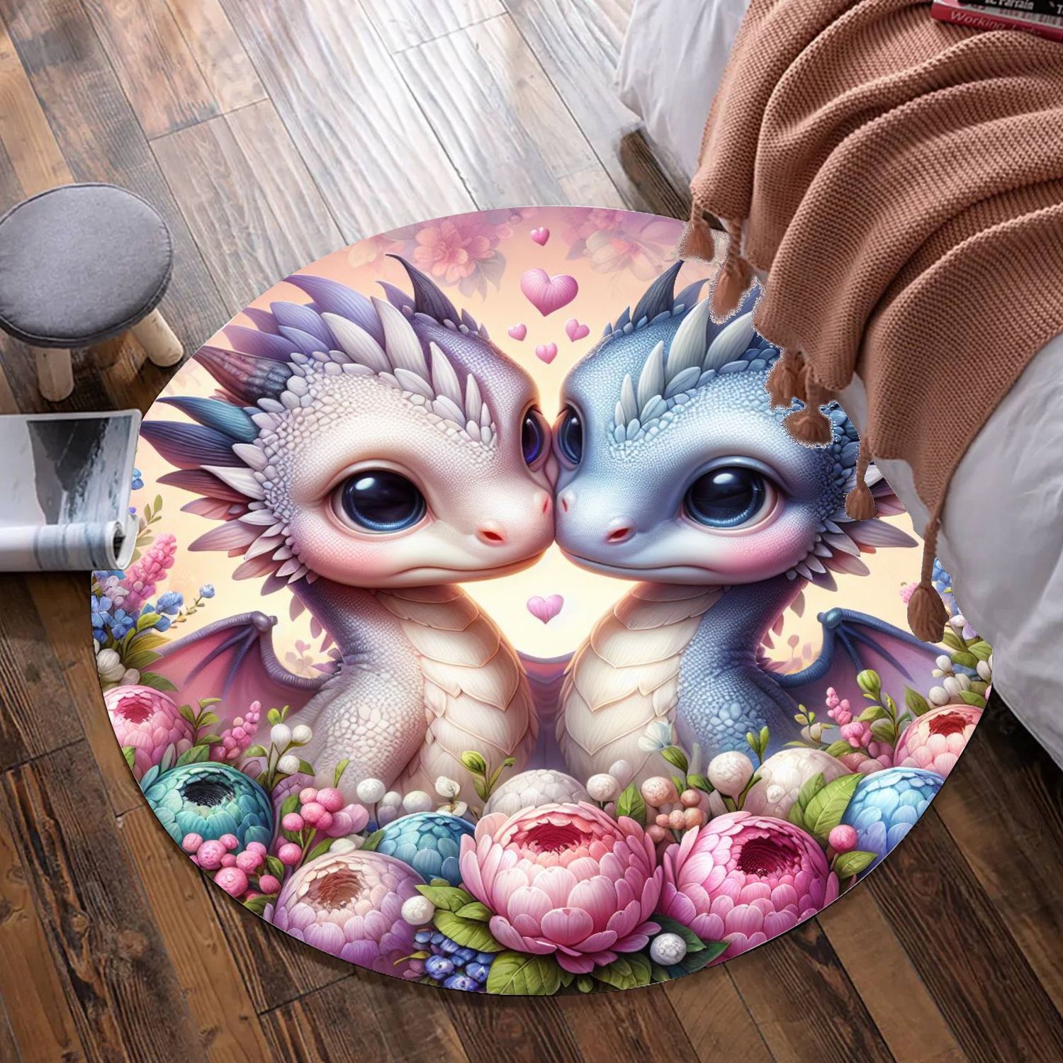 Pastel colored dragon round rug