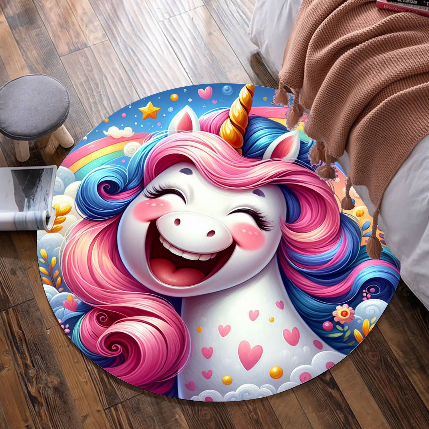 Laughing unicorn round rug