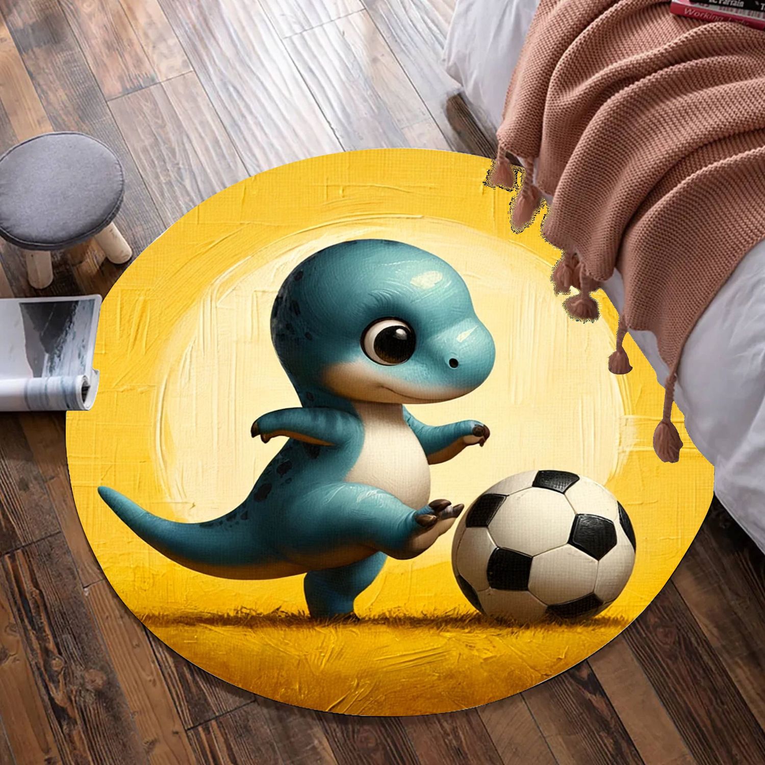 Yellow Dinosaur - Football Round Carpet