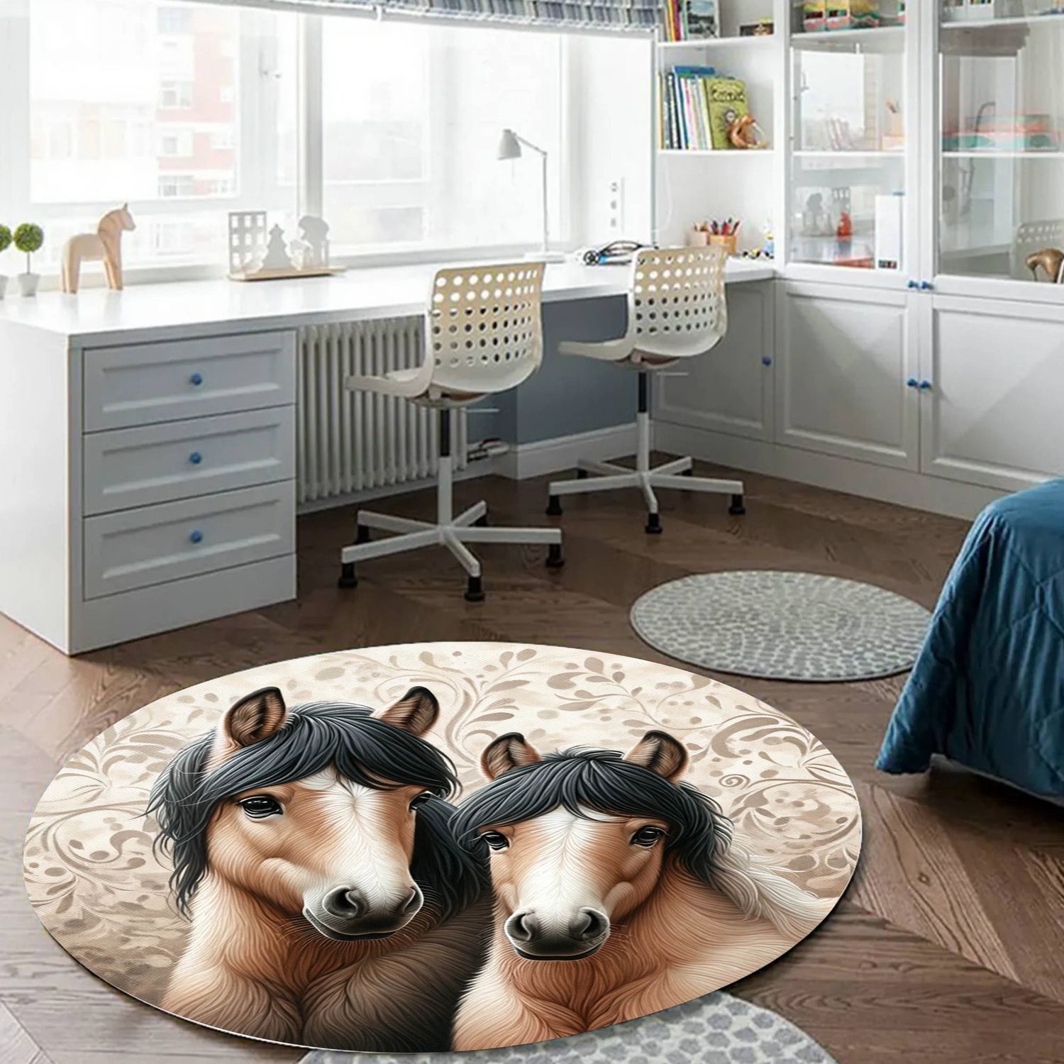 Horse - Beige Round Carpet