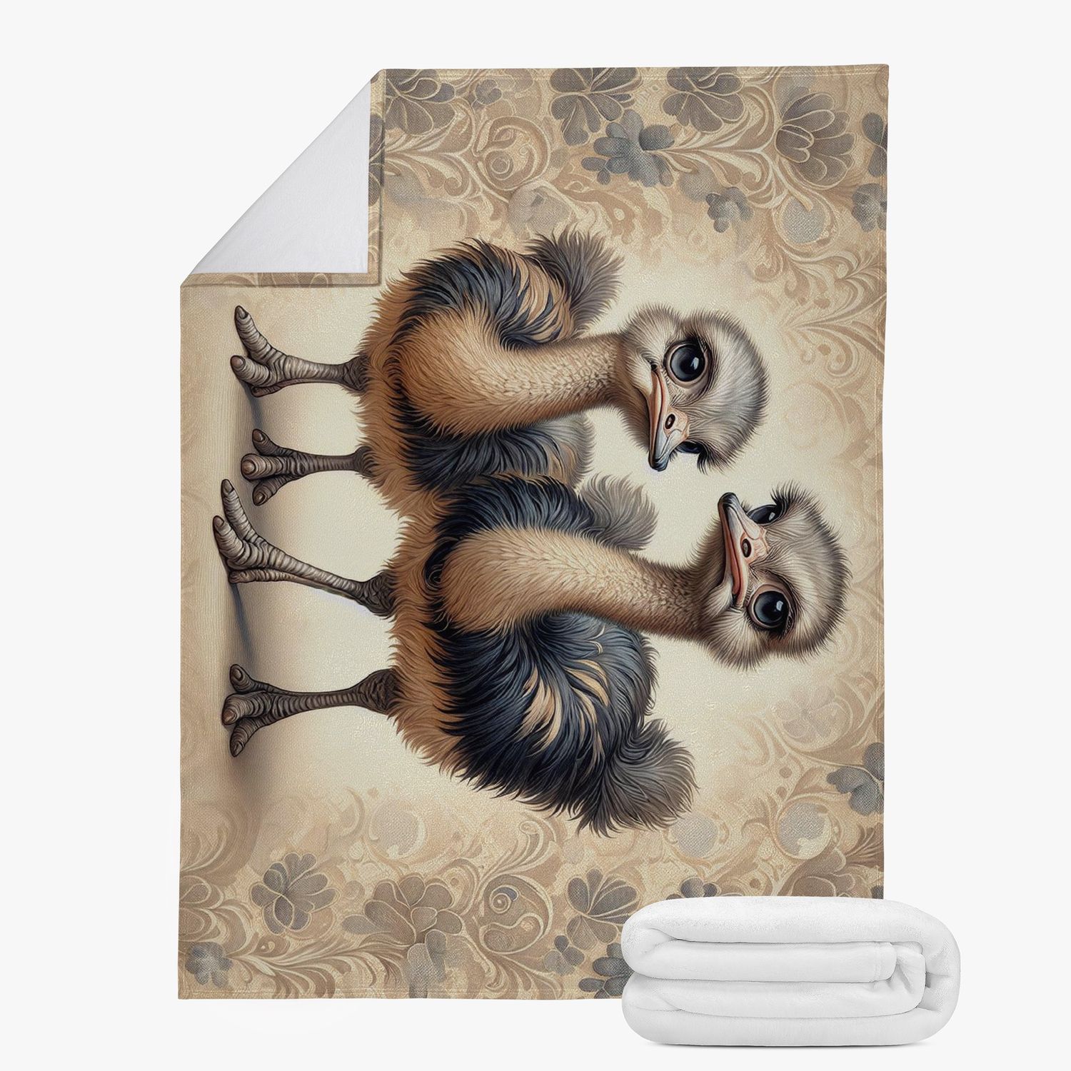 Beige cuddly blanket with an ostrich motif