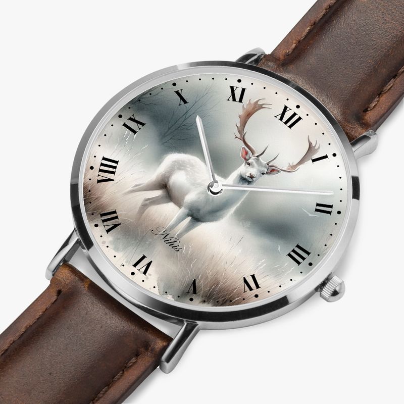 White deer leather wristwatch silver