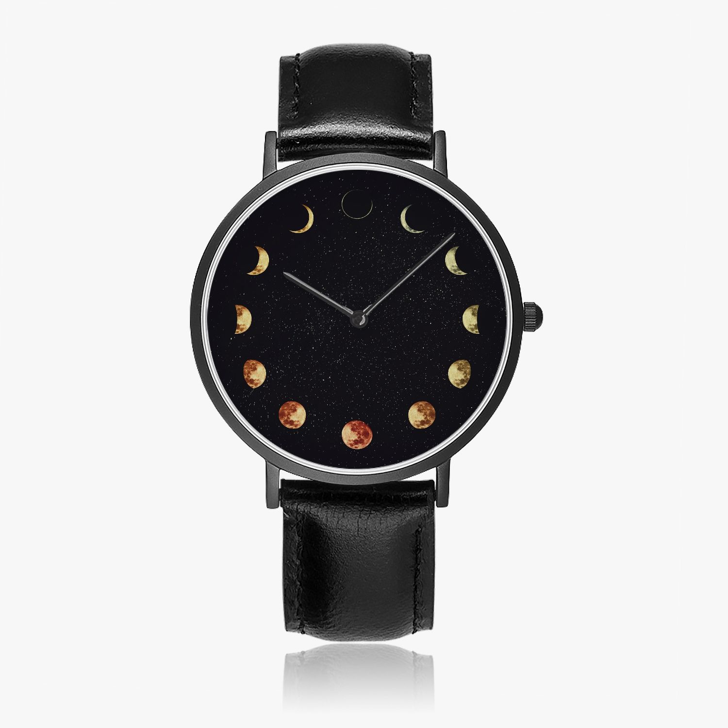 Moon phase leather wristwatch black