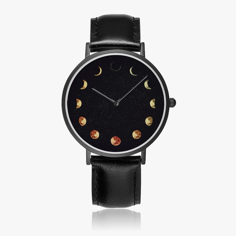 Moon phase leather wristwatch black