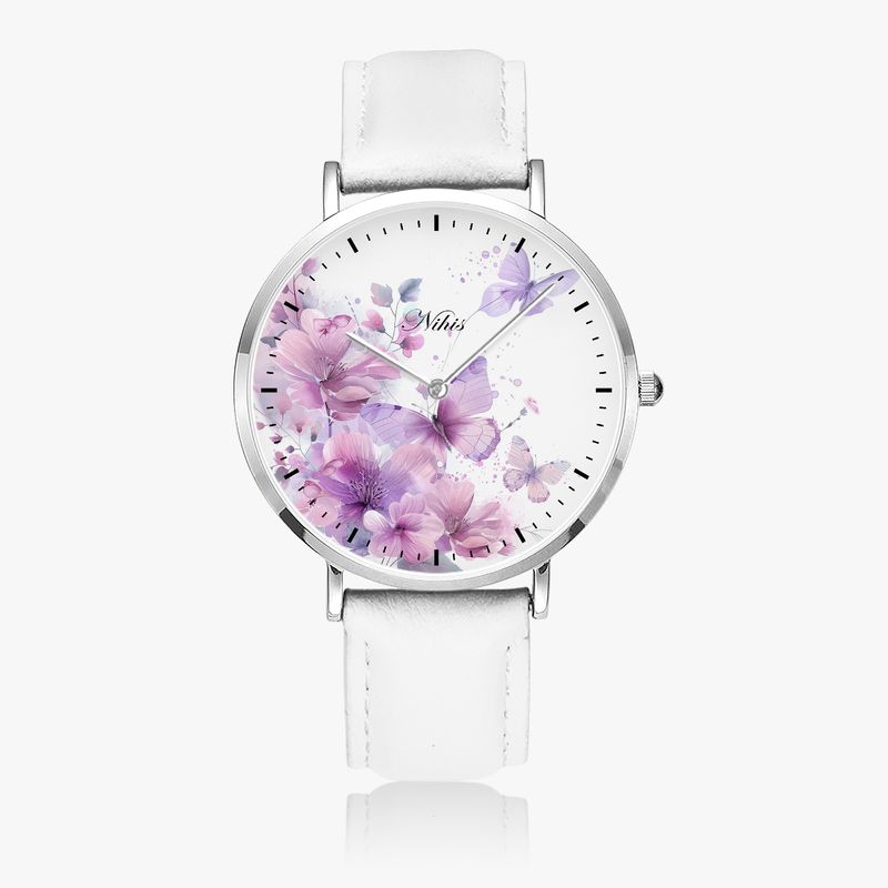 Purple Butterflies Leather Watch Silver
