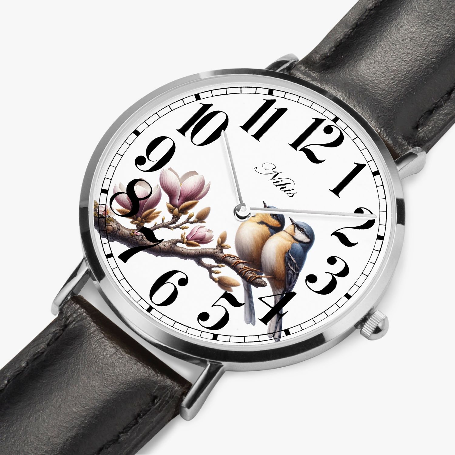 Blue Tits - Magnolia Leather Watch Silver