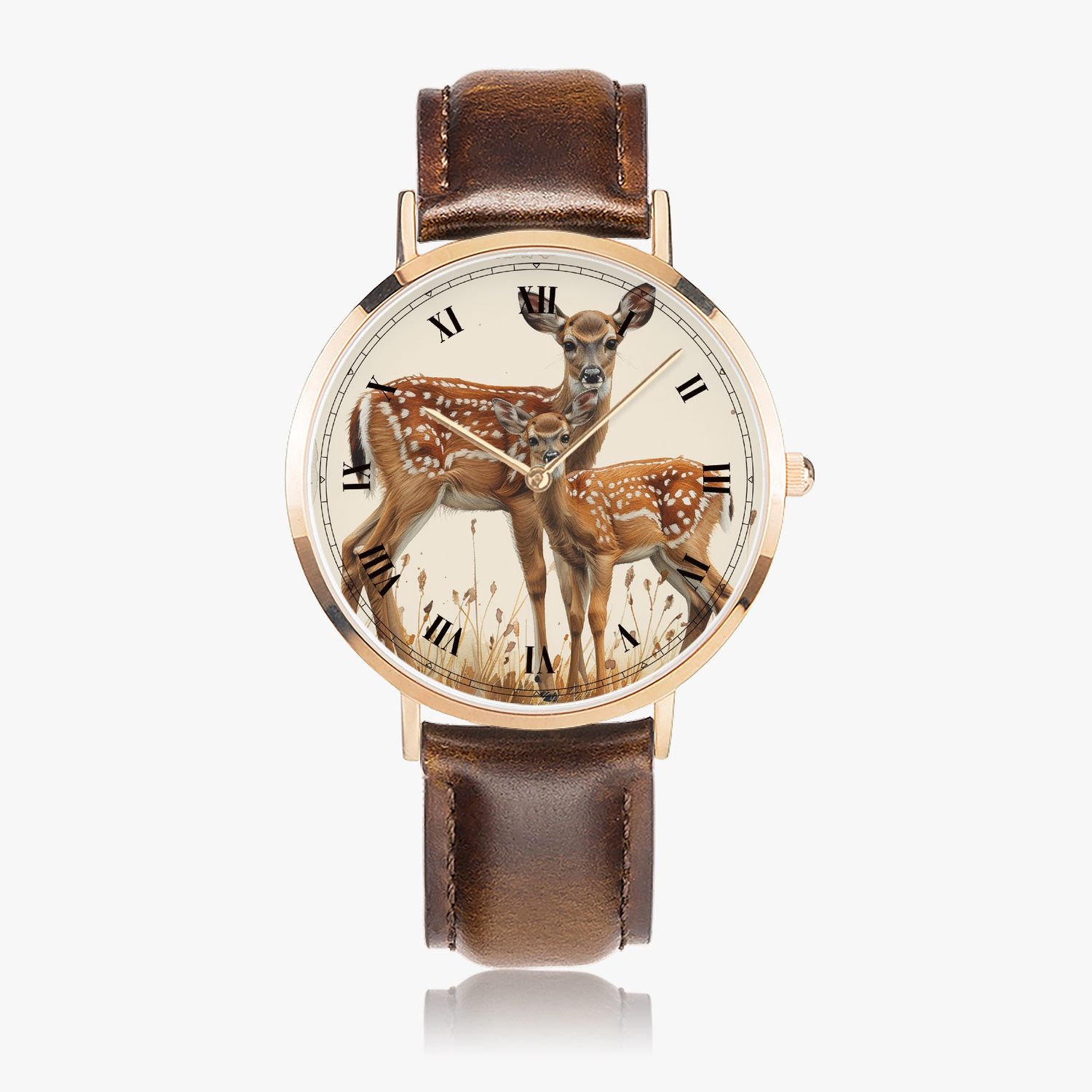Vintage style deer leather wrist watch silver